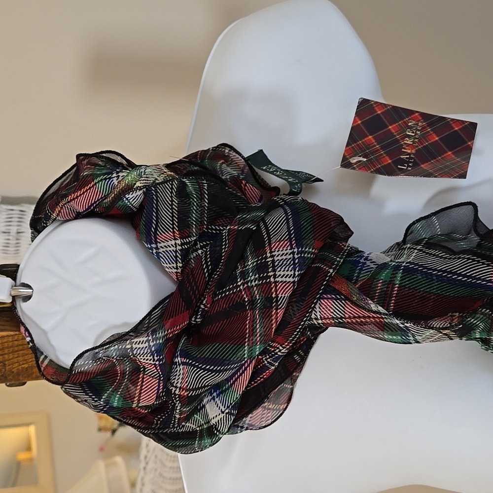Lauren Ralph Lauren Ruffled Holiday Plaid Oblong Scarf Silk NWT - Picture 9 of 11